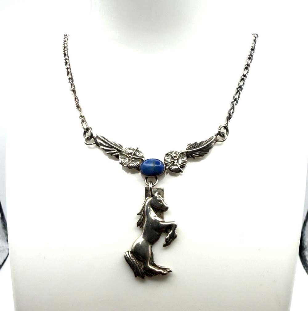 Vintage Sterling Silver Horse Pendant Necklace with Lapis Stone Mexico Made